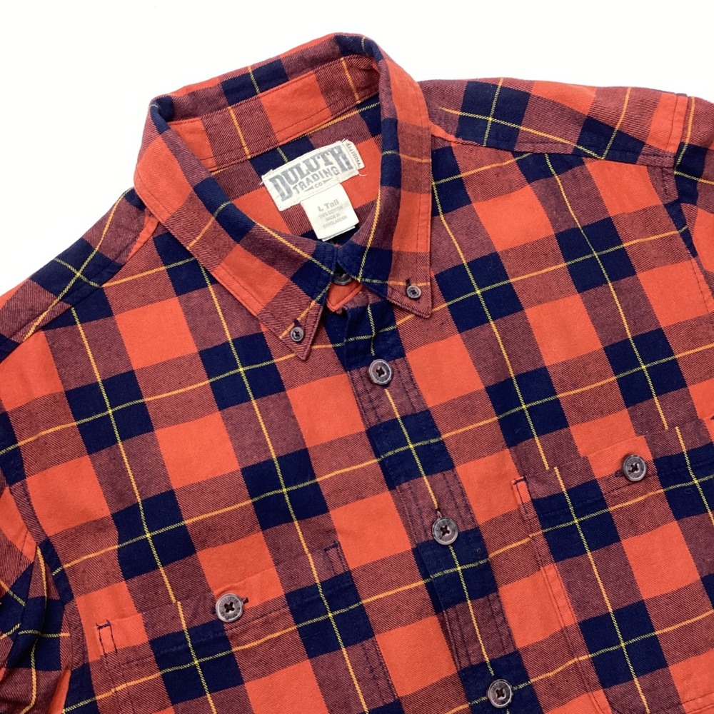 Duluth Trading Co Mens L Tall Trim Fit Flannel Shirt Orange Navy Plaid Cotton